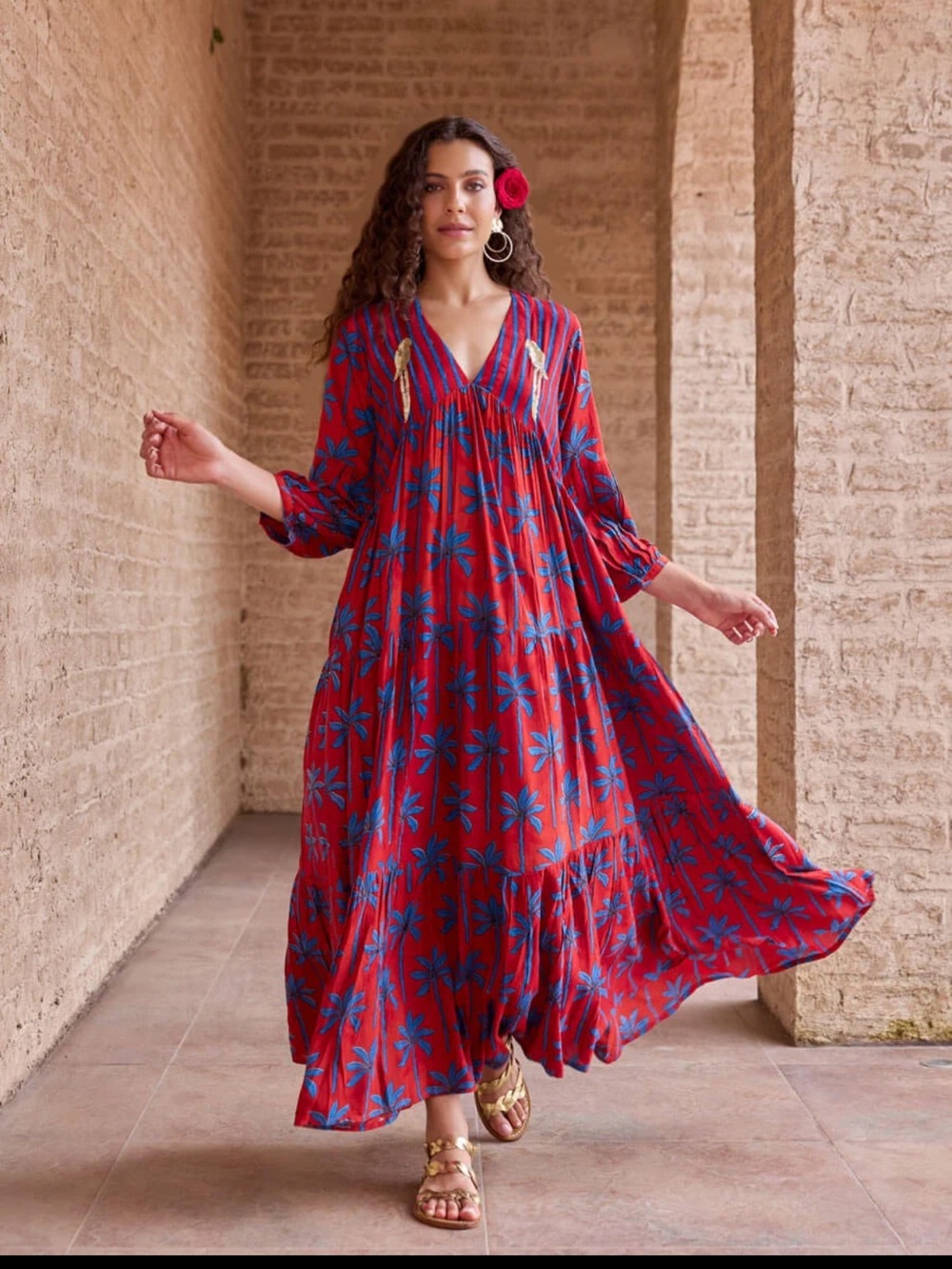 Red Floral Maxi Dress with Blue Print
